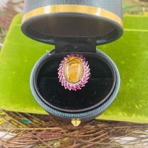 Vintage HUGE Tigers Eye & Pink Crystal Sterling Cocktail Ring.
